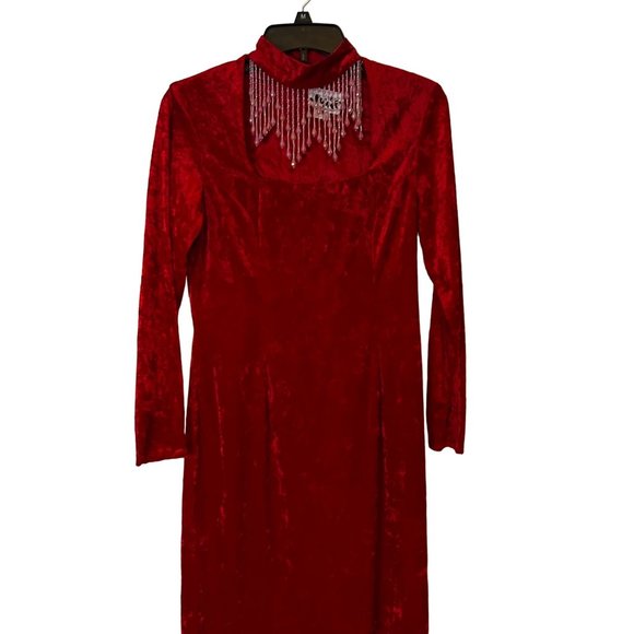 Jump Apparel Dresses & Skirts - Vintage Jump Apparel Dress 80s Red Faux Velvet Beaded Neck Choker Neck USA Made